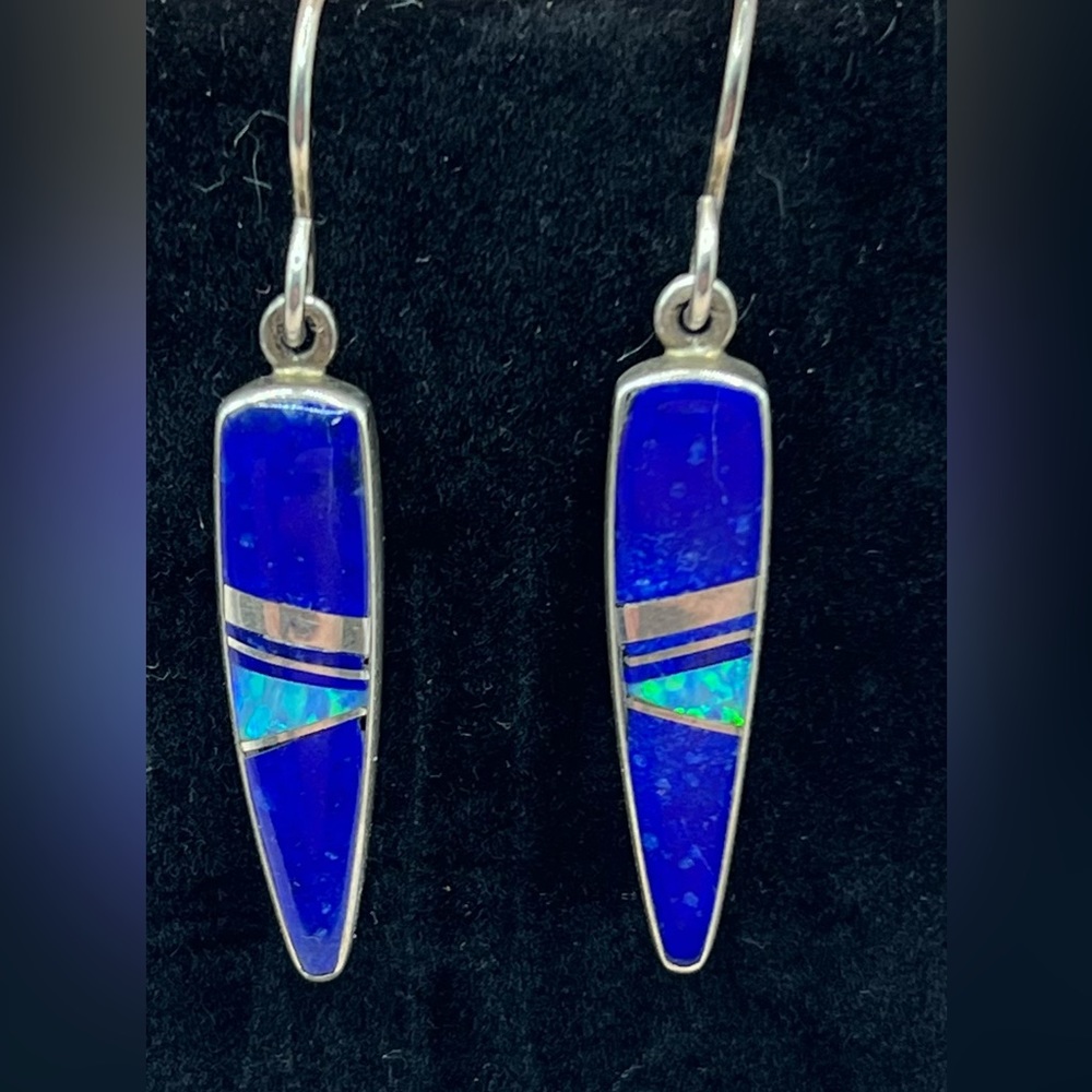 Lapis & Opal Sterling Silver Earrings - Navajo Silversmith Kenneth Bitsie 4.6 g